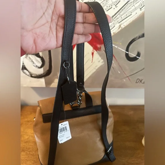 Coach Tan and Black Leather Backpack with White Accents - Picture 6 of 9